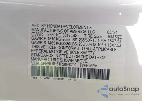 2024 Honda Odyssey Ex-L из США, поврежденный, VIN 5FNRL6H61RB048292